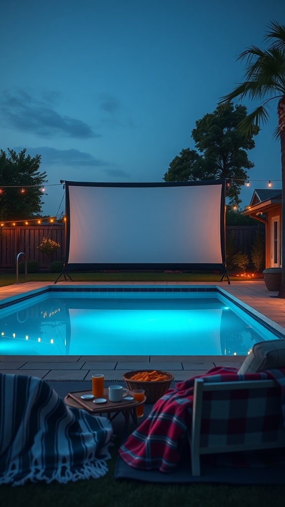 A backyard poolside movie setup with a large screen, cozy seating, and a glowing pool