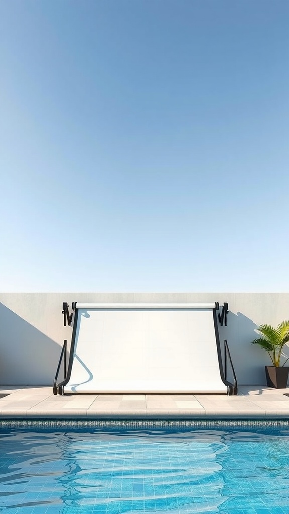 A modern retractable pool cover beside a pool with clear water