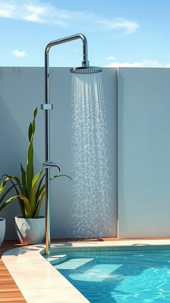 Modern outdoor shower beside a backyard pool