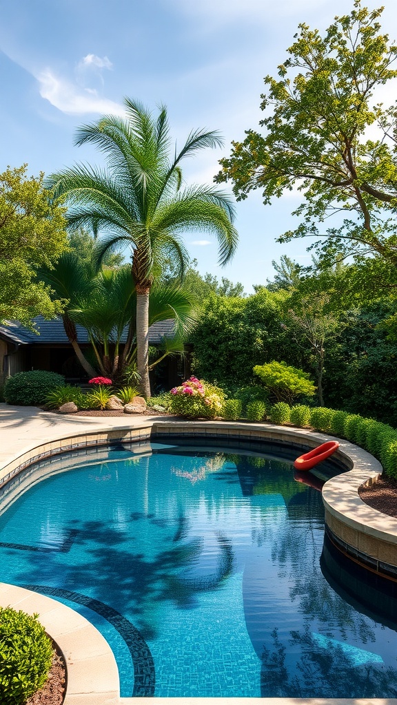 A serene backyard pool surrounded by palm trees and colorful flowers.