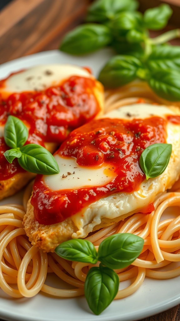 Italian chicken breast served with spaghetti and garnished with fresh basil