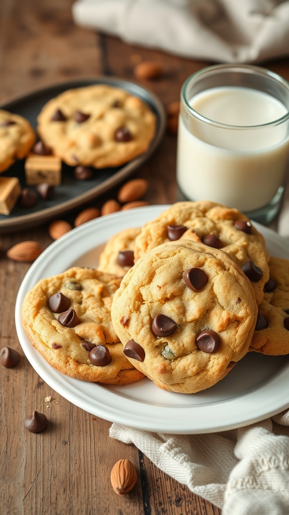 Delicious keto chocolate chip cookies on a plate with chocolate chips and nuts.