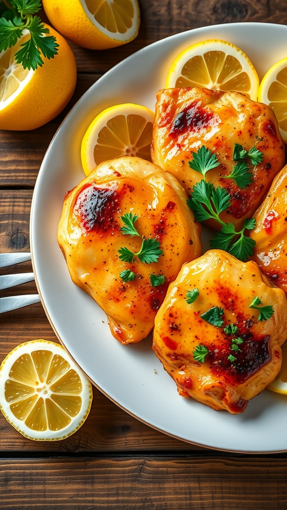 Plate of Lemon Garlic Chicken garnished with parsley and lemon slices