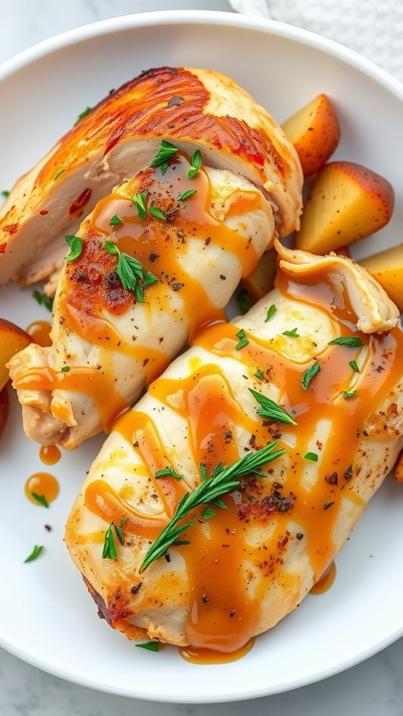 Plate of maple mustard chicken with parsley and potatoes.