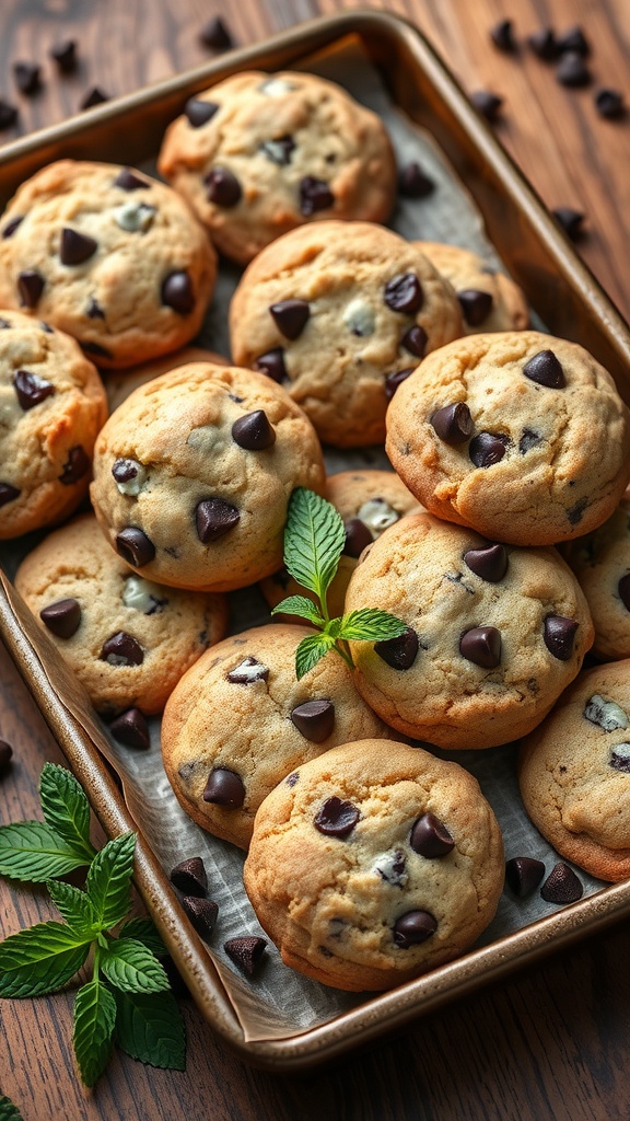 Mint chocolate chip cookies on a tray with fresh mint leaves