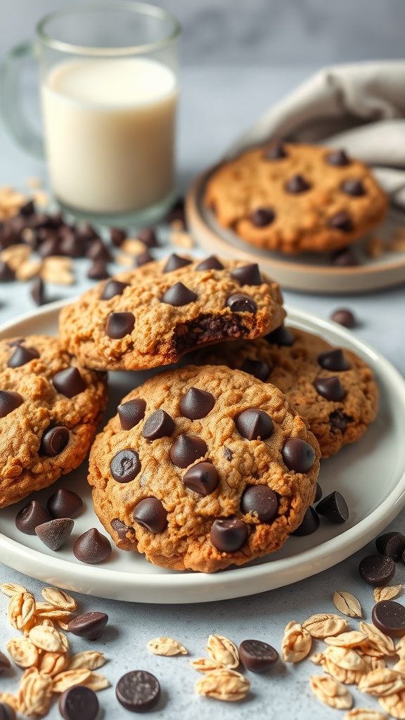 Oatmeal chocolate chip cookies with chocolate chips and oats scattered around.