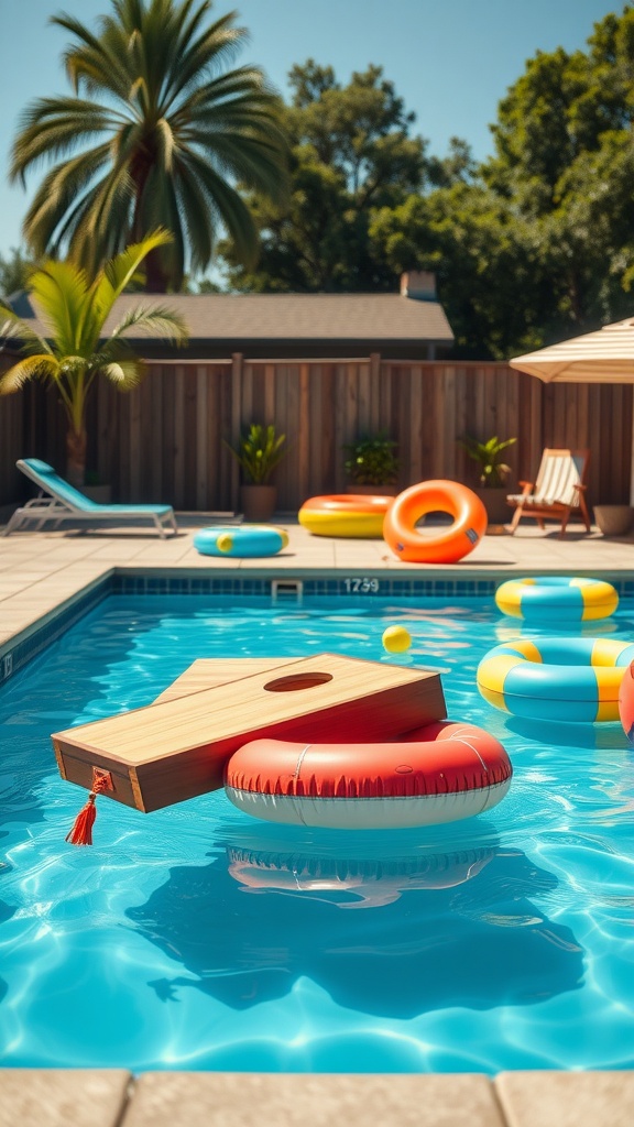 A backyard pool scene with colorful inflatable floats and a cornhole game set up on the water.