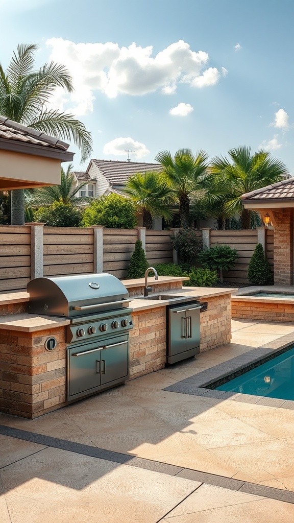 Outdoor kitchen setup with a grill and pool