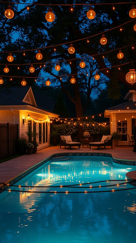 Backyard pool with charming outdoor lighting