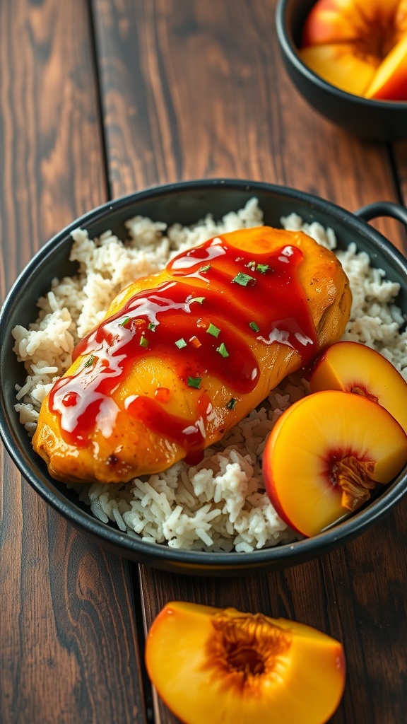 A plate of peach glazed chicken served with rice and garnished with fresh peach slices.