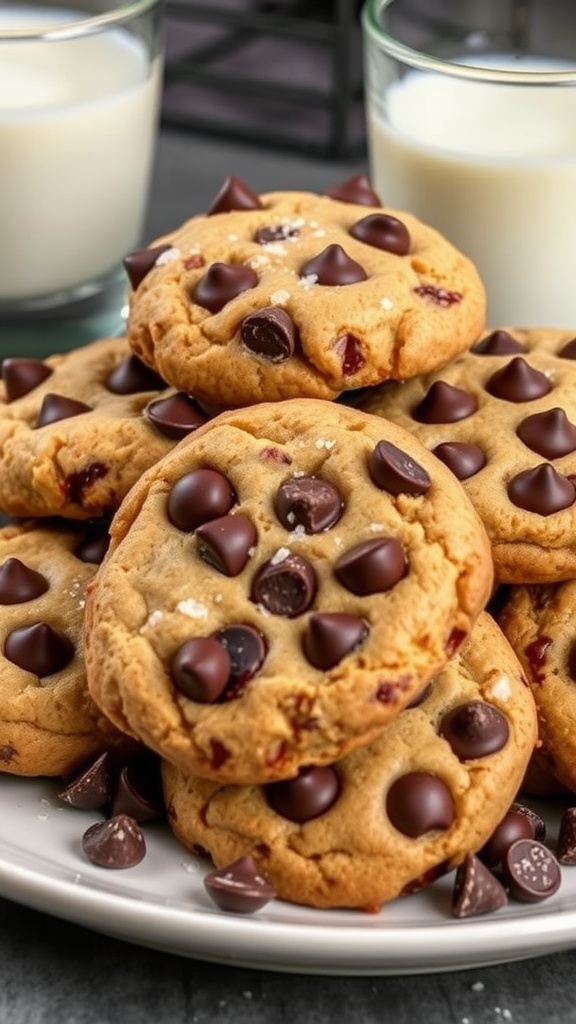 Delicious peanut butter chocolate chip cookies stacked on a plate.