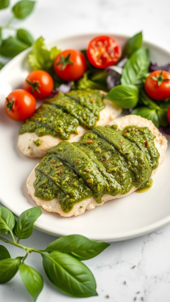 Plate of Pesto Chicken with fresh ingredients