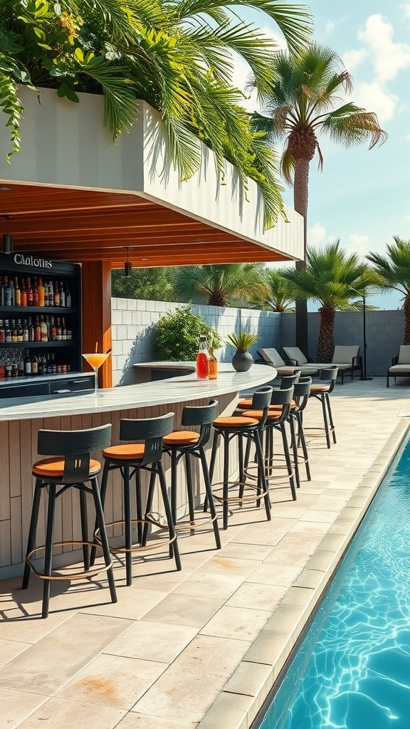 A modern poolside bar with stools, surrounded by tropical plants and a sparkling pool.