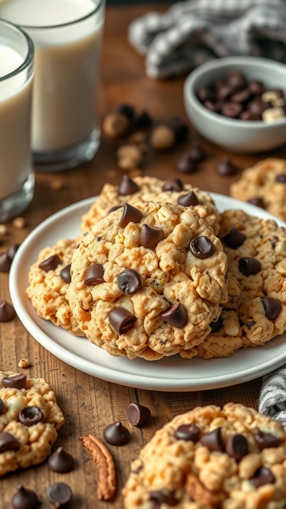 Delicious Rice Krispie chocolate chip cookies on a plate with a glass of milk