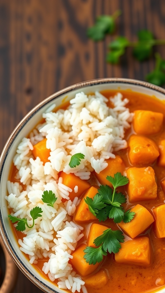 A bowl of savory sweet potato and chickpea curry with rice, garnished with fresh cilantro.