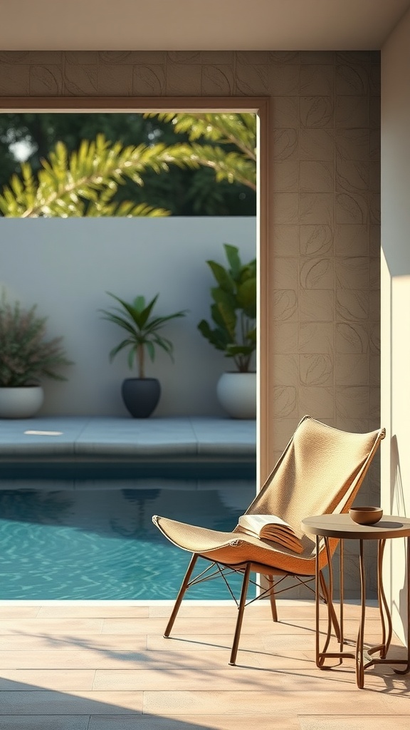 A cozy reading nook by a backyard pool with a chair and side table.