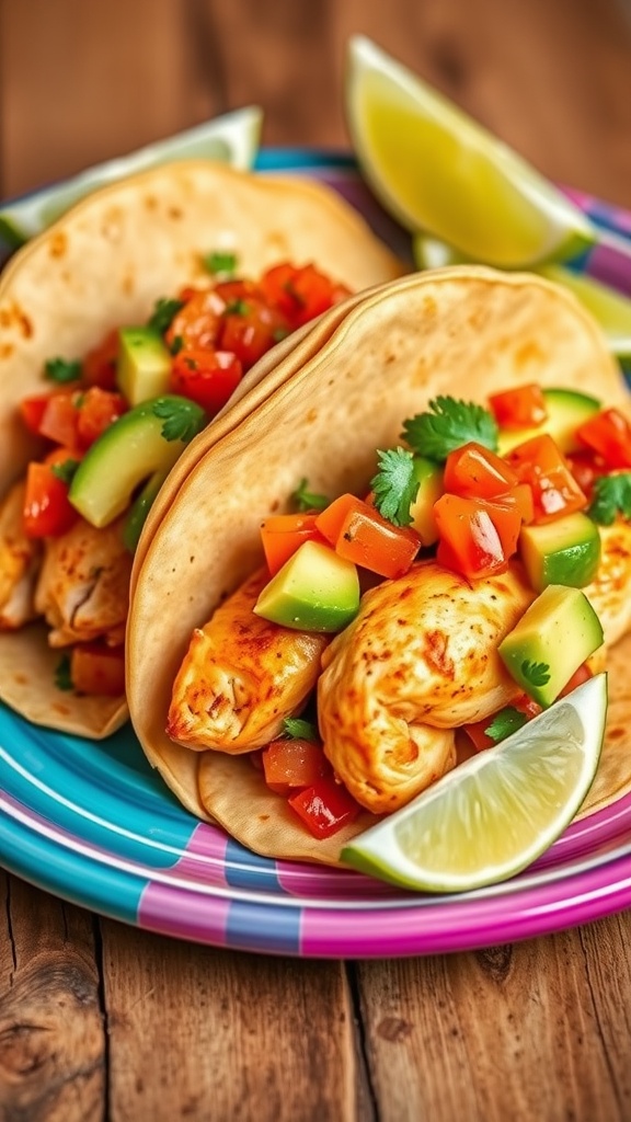 Spicy chicken tacos with fresh vegetables and lime wedges