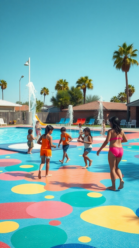 Children playing on a colorful splash pad with water fountains in a sunny outdoor setting.