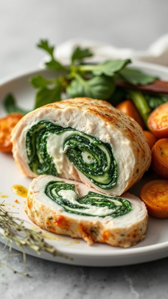 Sliced stuffed chicken breast featuring spinach and cheese filling