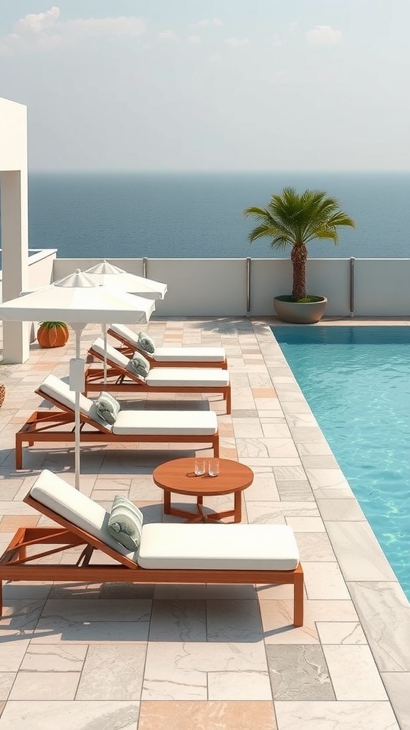 Stylish poolside furniture featuring lounge chairs and a table beside a swimming pool