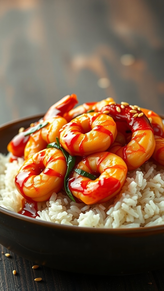 A close-up of sweet and savory honey garlic shrimp served over white rice in a bowl.