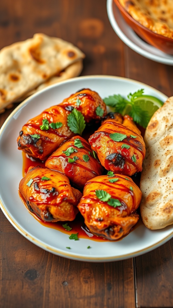 A plate of Tandoori Chicken served with naan and garnished with fresh cilantro.