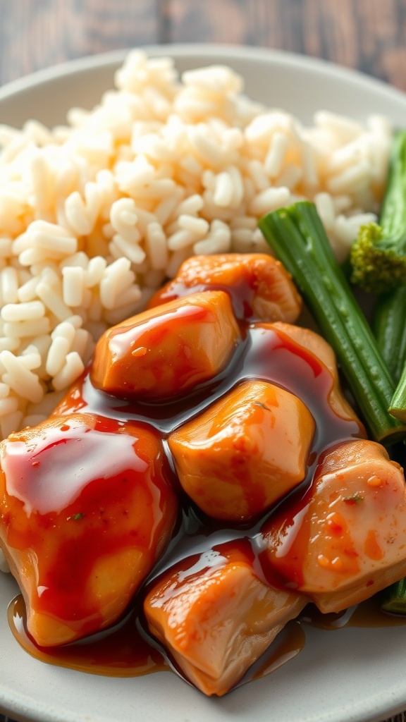 Plate of teriyaki chicken with rice and vegetables