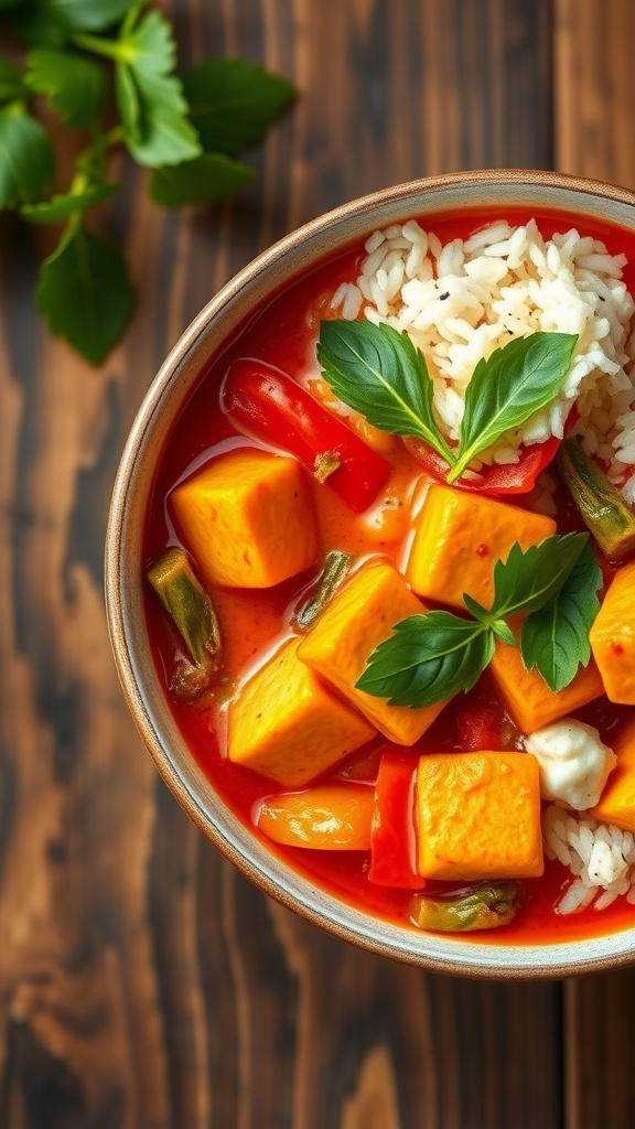 A bowl of Thai Red Curry Tofu with rice and fresh basil leaves on a wooden table.