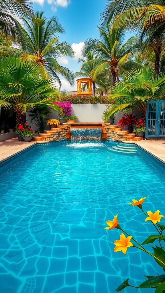 A beautiful backyard pool surrounded by palm trees and colorful flowers, showcasing a tropical oasis.