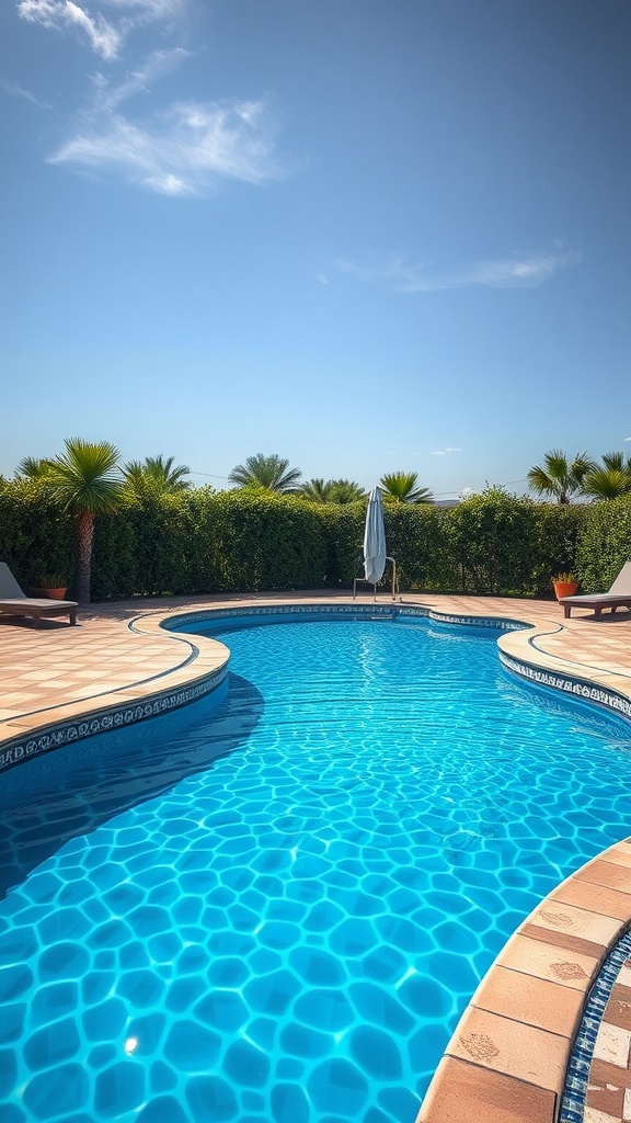 A uniquely shaped backyard pool surrounded by greenery and palm trees.