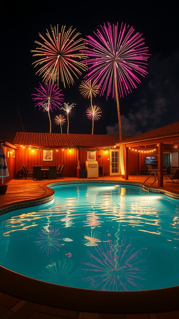 A backyard pool with fireworks in the night sky