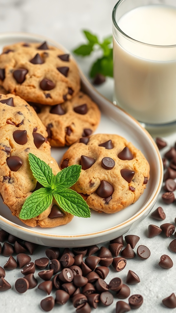 Vegan chocolate chip cookies on a plate with chocolate chips scattered around