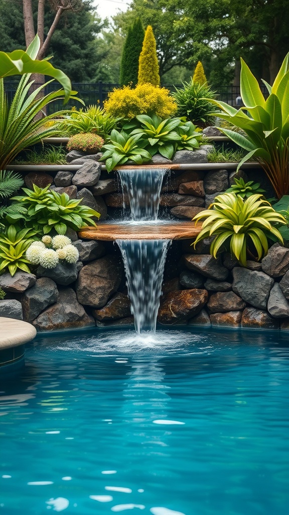 A beautiful backyard pool with a waterfall and lush plants.