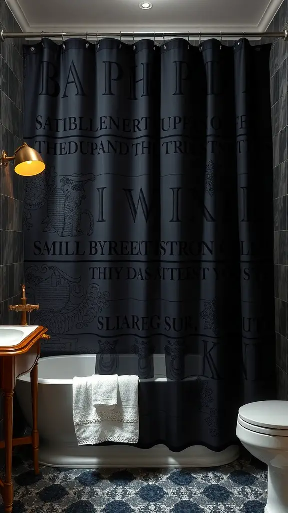A dark shower curtain with intricate designs in a stylish bathroom setting.